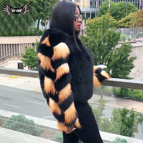 Black Fashion Short Real Fox Fur Coat Women Winter Sleeve Stitching Red Fox Fur Luxury Overcoats High Quality Fur Coats Woman