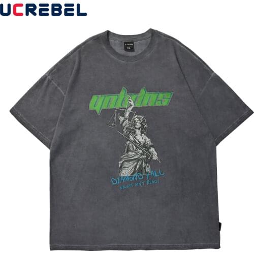 Angel Print Short Sleeve T-shirt Mens Summer Distressed Half-Sleeve Streetwear Casual Loose Crew Neck Cotton Tee Men