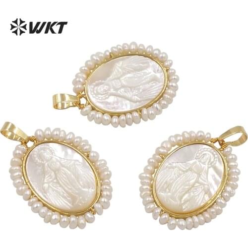 WT-JP253 WKT New hot 18k real gold bezel handmade pearl wire wrapped The mother of Jesus Christ Virgen Marias pendant in shell