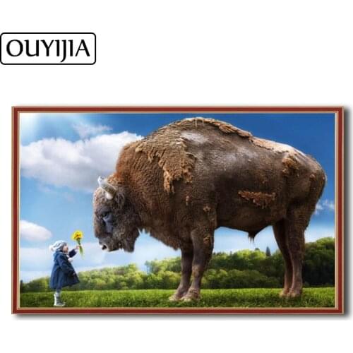 OUYIJIA Atr Oil Girl Flower Bull 5D DIY Diamond Painting Animal Embroidery Mosaic Diamond Rhinestone Beauty Decoration Magic