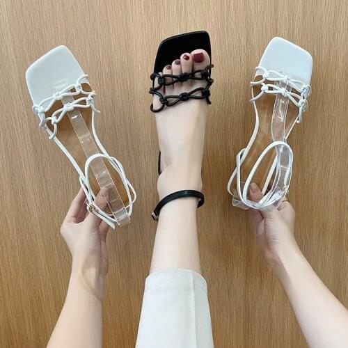 Roman Style Sexy Open Toe Solid Color Buckle Square Toe Temperament High Heel Ladies Sandals Summer Fashion Hot Sale
