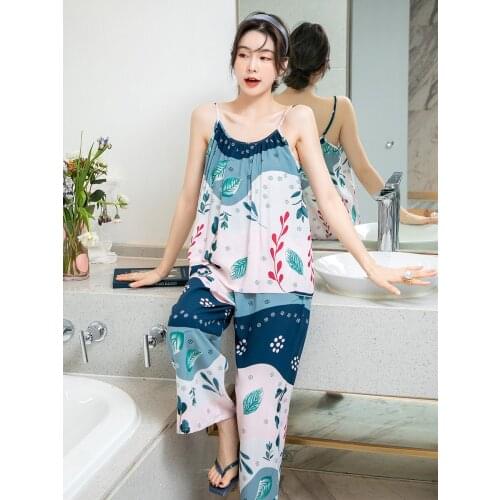 Sling Trousers Viscose Pajamas Womens Two-piece Suit Spring and Autumn New Style Cotton Silk Japanese Large Size Home Service