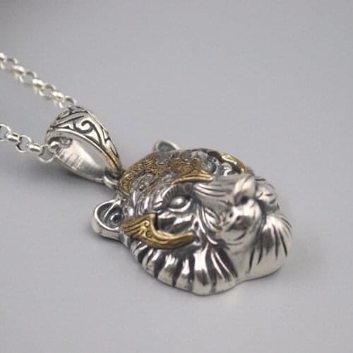 Pure 925 Sterling Silver Bless Lucky Carved Golden Tiger Head Pendant For Men Gift 43*26mm
