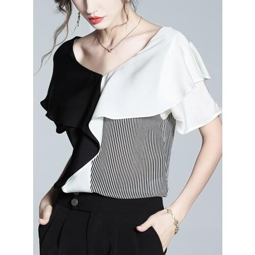 Silk Blouse Shirt Women Summer New Style Ruffled Luxury Brand Fashion Black White Blocked Collar T Shirt Tops
