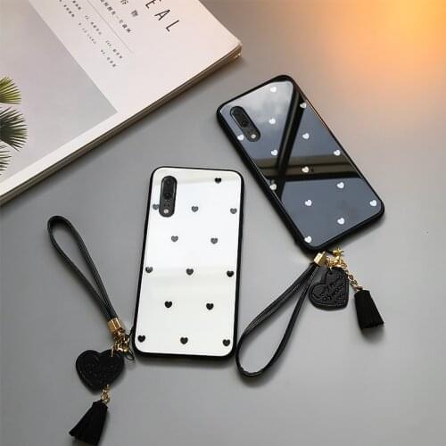 BONVAN Glass Case For Samsung Galaxy A10 A20 A30 A40 Love Heart Hard Cover For Samsung A50 A60 A70 A80 A90 Lanyard Couqe Capa