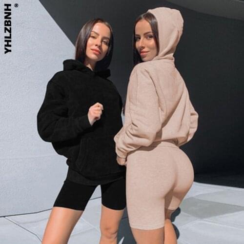 YHLZBNH 2020 Autumn Winter Womens Casual Sports 2 Piece Suit Women Set Long Sleeve Pocket Hoodie+Shorts Set for Ladies Outfit