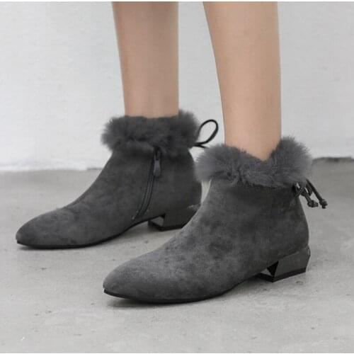 Plus Size 48 Fashion Flock Fur Ankle Boots for Women Casual Square Low Heels Motorcycle Boots Autumn Winter Shoes Ladies