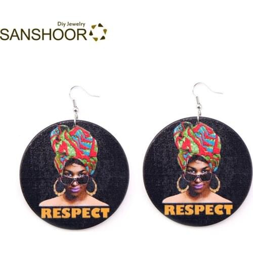 SANSHOOR RESPECT BLACKS AFRO Headwrap Woman Wood Drop Earrings African Tribe Ethnic Halloween Jewelry For Women Gift 1Pair