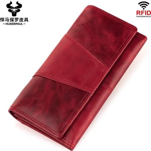Women Genuine Leather Wallet RFID Blocking Lady Long Purse Purse Brand Design Luxury Cow Wax Leather Female Cluth Coin Purse
