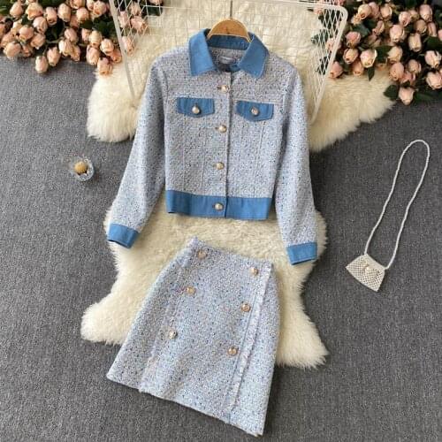 2021 Autumn New Fashion Vintage Tweed Two Piece Set Women Single-Breasted Woolen Short Jacket Coat + Mini Skirt 2 Piece Set