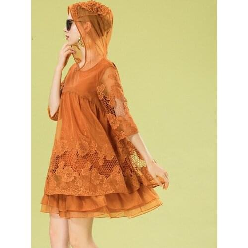 Spring Summer Women Embroidery Hollow Out Loose Wine Red Orange Hooded Dress , Woman Ruffled 4xl Dresses with A Hood