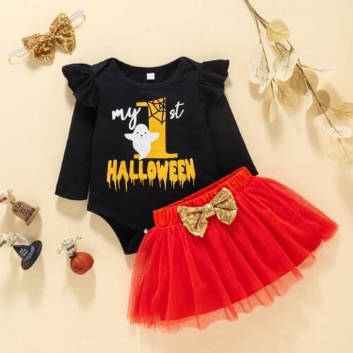 3PCS Baby My First Halloween Outfits Long Sleeve Ruffle Bodysuit + Mesh Tulle Skirt + Bow Headband Set