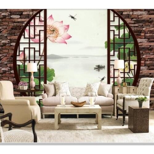 Papel de parede Chinese style 3d doors and windows lotus 3d wallpaper mural,living room TV wall bedroom wall papers home decor