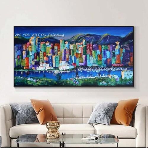 Large Size Abstract City Building River Modern Hand Oil Painting Manhattan Wall Decor Blue For Home Decoration Picture as a gift