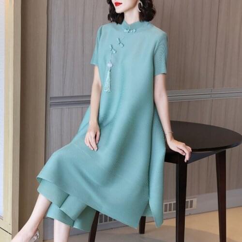 Changpleat 2021 new female loose large size two-piece suit Miyak fold A-line long modified cheongsam dress + wide-leg pants sets