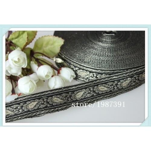 10yards/lot wide 2.7cm Woven Jacquard Ribbon silver paisley pattern black background for clothing Accessories CH-9258