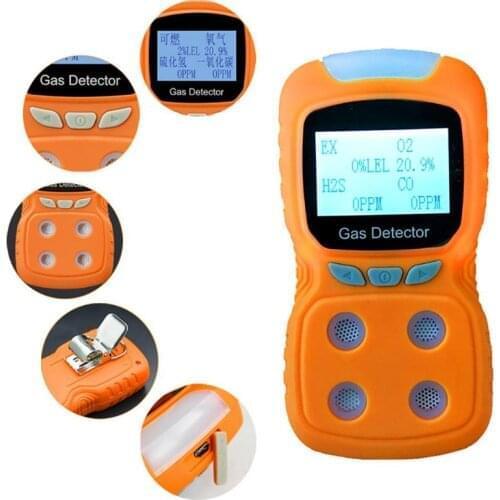 LCD 4 in 1 Gas Detector EX/O2/H2S/CO Carbon Monoxide Gas Analyzer Detector Audible visual vibration alarm with voice alarm