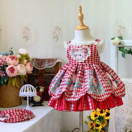 Kids Spanish Bear Plaid Dresses for Girls Boutique Christmas Lolita Ball Gowns with Panty Children Birthday Party Princess Dress