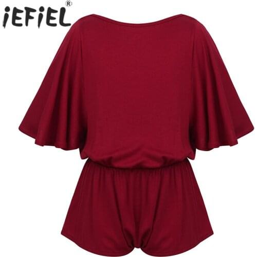 Kids Girls Pure Cotton Jumpsuit Batwing Sleeves Elastic Waist V-Back Loose Short Ballet Dance Bodysuits Solid Color Pants