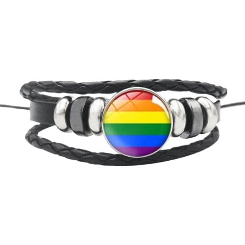 Gay Pride Glass Buckle Charm Bracelet Rainbow Gay Jewelry Handmade DIY Beaded Multilayer Weave Black Leather LGBT Bracelets