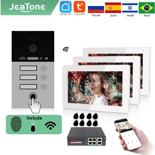 Jeatone TUYA 7”IP WIFI wireless Video Intercom for Apartment 3F Monitor Doorbell outdoor unitd with Fingerprint /RFIC card