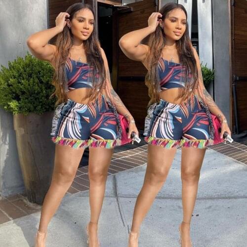2021 Summer Hot Sale Sexy Fashion Print Slim Casual Fringed Shorts One Shoulder Top Printed Two Piece Set