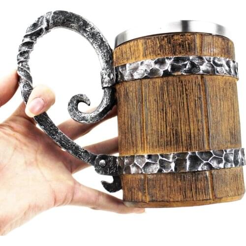 Wood Imitation Barrel Stainless Steel Beer Mugs Viking Style Wooden Beer Cup Tankard Drinkware As Christmas Gift