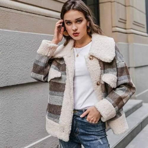 2021 Vintage Plaid Jacket Lamb Wool Coat Women Thicken Warm Casual Loose Fleece Jackets Coats with Pocket Spring Autumn Fashion