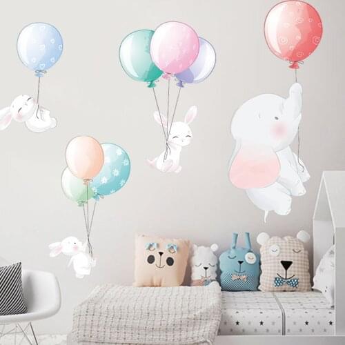 Cartoon Elehant and Bunny with Air Balloon Wall Stickers for Kids Room Baby Nursery Room Decoration Wall Decals for Living Room
