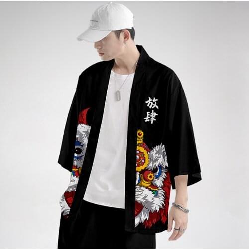 Men Chinese Style Black Print Cardigan Kimono Traditional Samurai Clothing Streetwear Yukata Haori Shirt