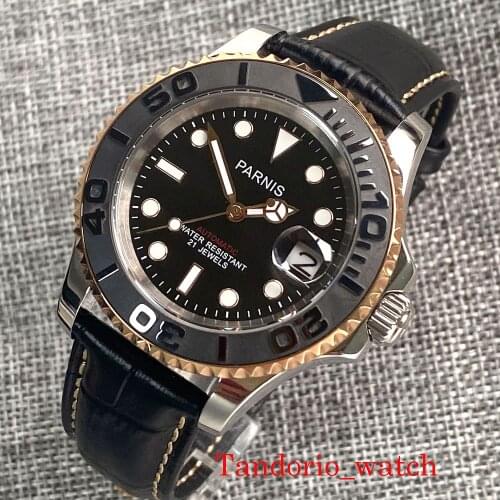 2 models strap PARNIS 41mm black dial sapphire glass luminous marks mechanical auto mens watch