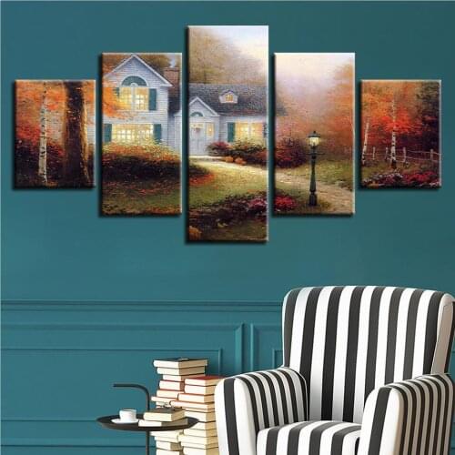 Wall Art Canvas Picture Bedside Background Bedroom Decor 5 Pieces Country Cabin Scenery HD Printed Poster Frame Modular Painting