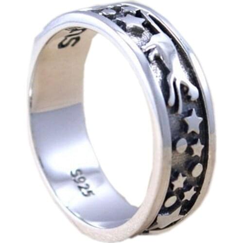 2020 new real S925 pure silver ring, Thai silver, starry sky ring star moon gothic style ring for men and women