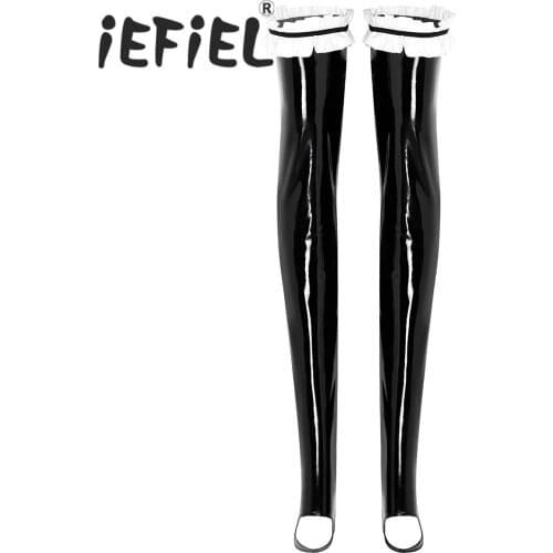 New Arrival Sexy Black Women Lingerie Wet Look Patent Leather Thigh High Stay Up Ruffled Stockings for Clubwear Cosplay Clothes
