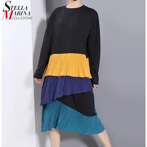New Woman Long Sleeve Plus Size Black Yellow Patchwork Style Pleated Dress O Neck Ruffles Design Ladies Casual Holiday Robe 8499