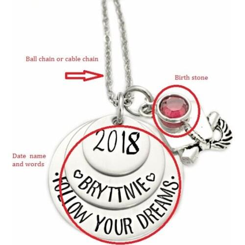 Personalized Memorial Necklace name or words Follow your dreams Bachelor cap Graduation season Engraved Necklace N294