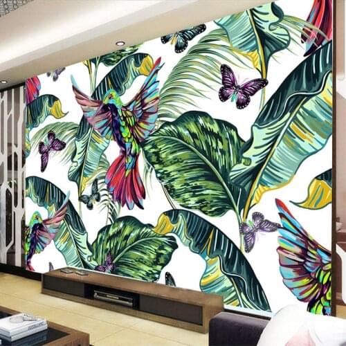 Hand Painted Green Leaf Butterfly Bird Large Mural Nordic Modern Living Room Restaurant Kitchen Wall Decor Painting Wallpaper