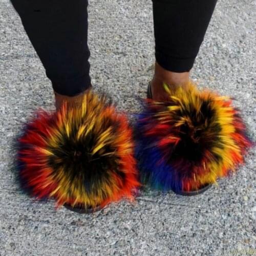 Fluffy Raccoon Fur Slippers Shoes Women Fox Fur Flip Flop Flat Furry Fur Slides Outdoor Sandals Woman Amazing Shoes Drop Ship