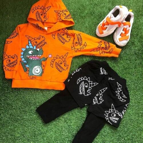 FOCUSNORM 2Pcs Baby Boys Tracksuit Sets Dinosaur Print Hooded Long Sleeve Tops + Stitching Casual Pants Outfits 0-3Y