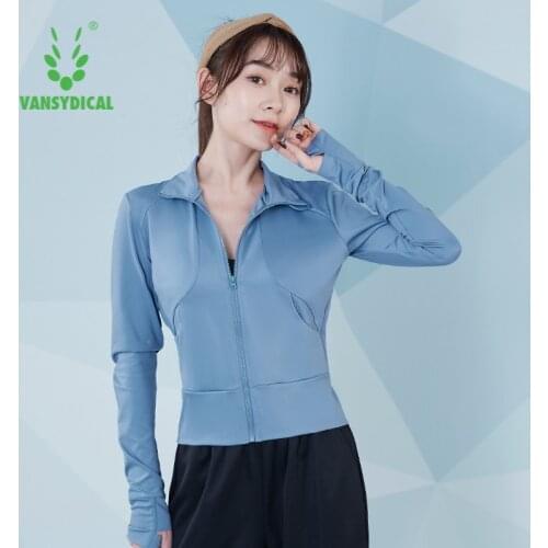 VANSYDICAL Running Jacket Women Mandarin Collar Training Yoga Sports Wear for Women Gym Clothing Workout Long Sleeve Finger Hole