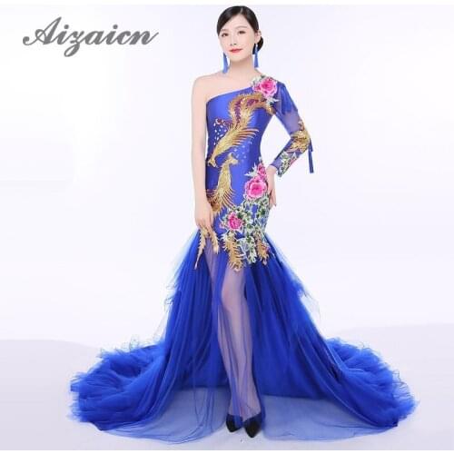 Royal Blue Embroidery Vintage Evening Dress Elegant Perspective Mesh Trailing Party Dresses Fashion Women Showes One Shoulder