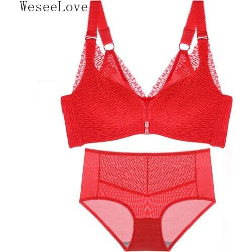 WeseeLove Front Closure Wire Free Push Up Bra Sexy Plus Size Lace Bralette Thin Pad Beauty Back Deep V Gather Underwear