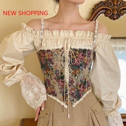Y2k 90s Vintage Fashion Lace Trim Floral Printed Corset Top Ladies Elegant Bodycon Strap Crop Top Cummerbunds Tie Up Wear Out