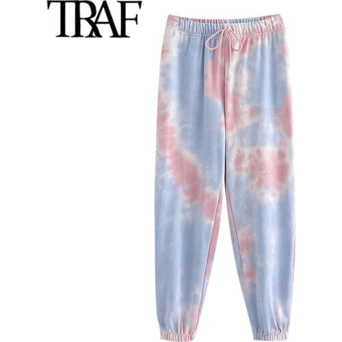 TRAF Women Chic Fashion Tie-dyed Print Jogging Pants Vintage High Elastic Waist Drawstring Female Ankle Trousers Mujer