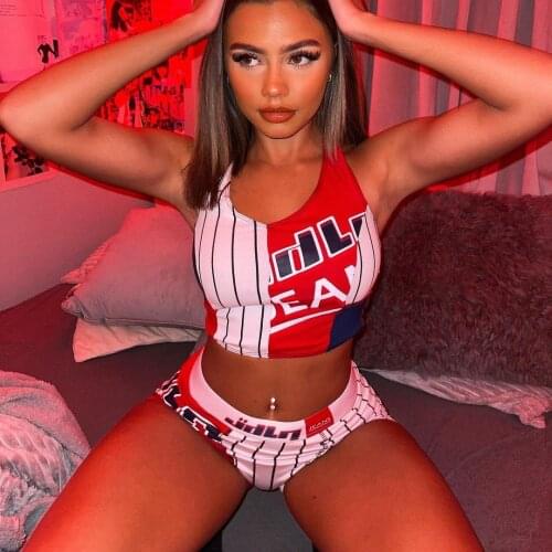 Women 2 Pieces Sports Suits Summer Letters Stripe Print Vest and Shorts Sets Active Sleeveless Crop Tank Tops+Shorts Plus Size