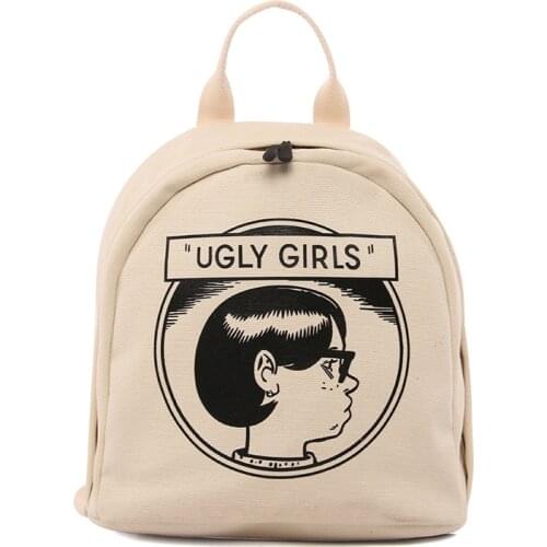 Women Small Canvas Backpack "Ugly Girls" Print Purse Eco Simple Cotton Fabric Shoulder Bag Mini Travel Bags Backpack for Ladies