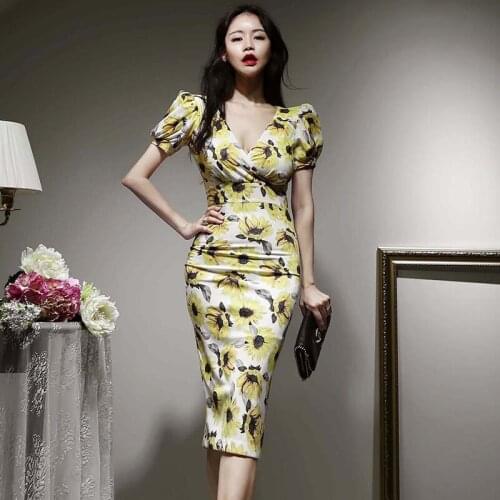 Elegant Print Dress Female 2021 Summer New Korean Women Style Fashion Elegant Thin Sexy V-Neck Sheath Bodycon Floral Waist Dress