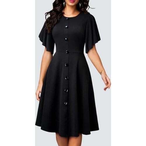 Women Solid Color Vintage Party Chic Buttons Rufffle Sleeve Elegant Casual A Line Dress HA248