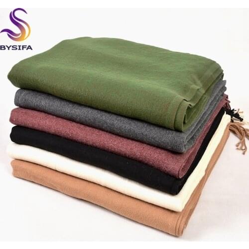 [BYSIFA] Winter Plain Cashmere Scarves Shawls 2018 New Autumn Thicken Warm Tassel Long Scarves Wraps Green Black Camel Grey Red