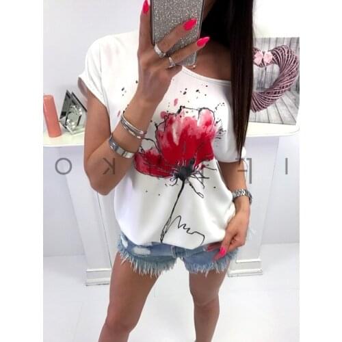 Plus Size S-3XL Pink Big Flower Print Loose Batwing T Shirt Women Shirts Cotton O Neck Short Sleeve Summer T-Shirt Tops TShirt